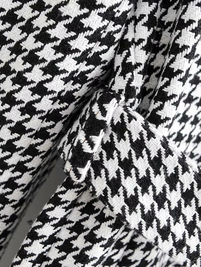 Houndstooth Button Lapel Belt Blazers Splicing Outerwear