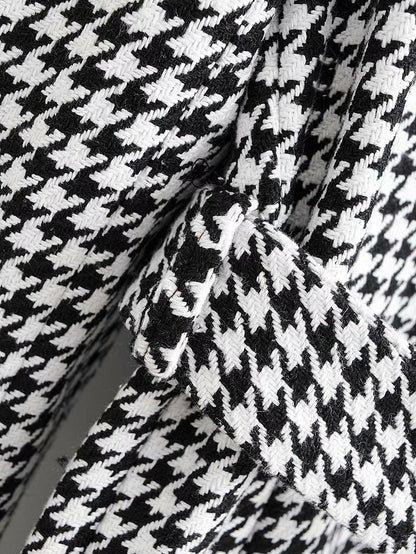 Houndstooth Button Lapel Belt Blazers Splicing Outerwear