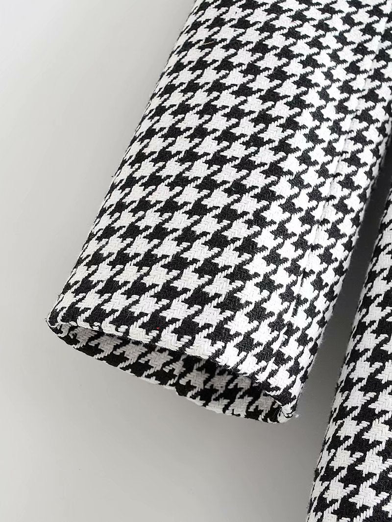 Houndstooth Button Lapel Belt Blazers Splicing Outerwear