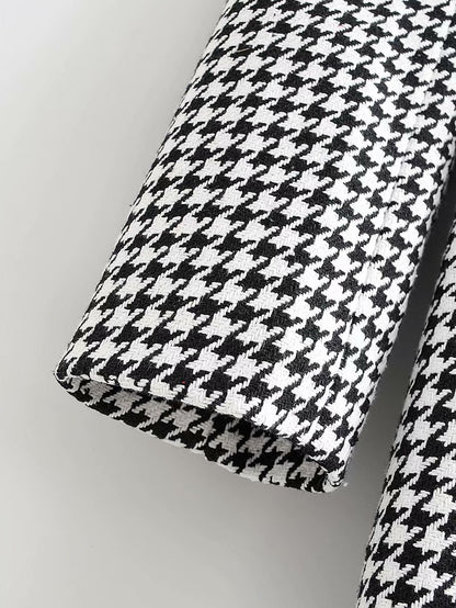 Houndstooth Button Lapel Belt Blazers Splicing Outerwear