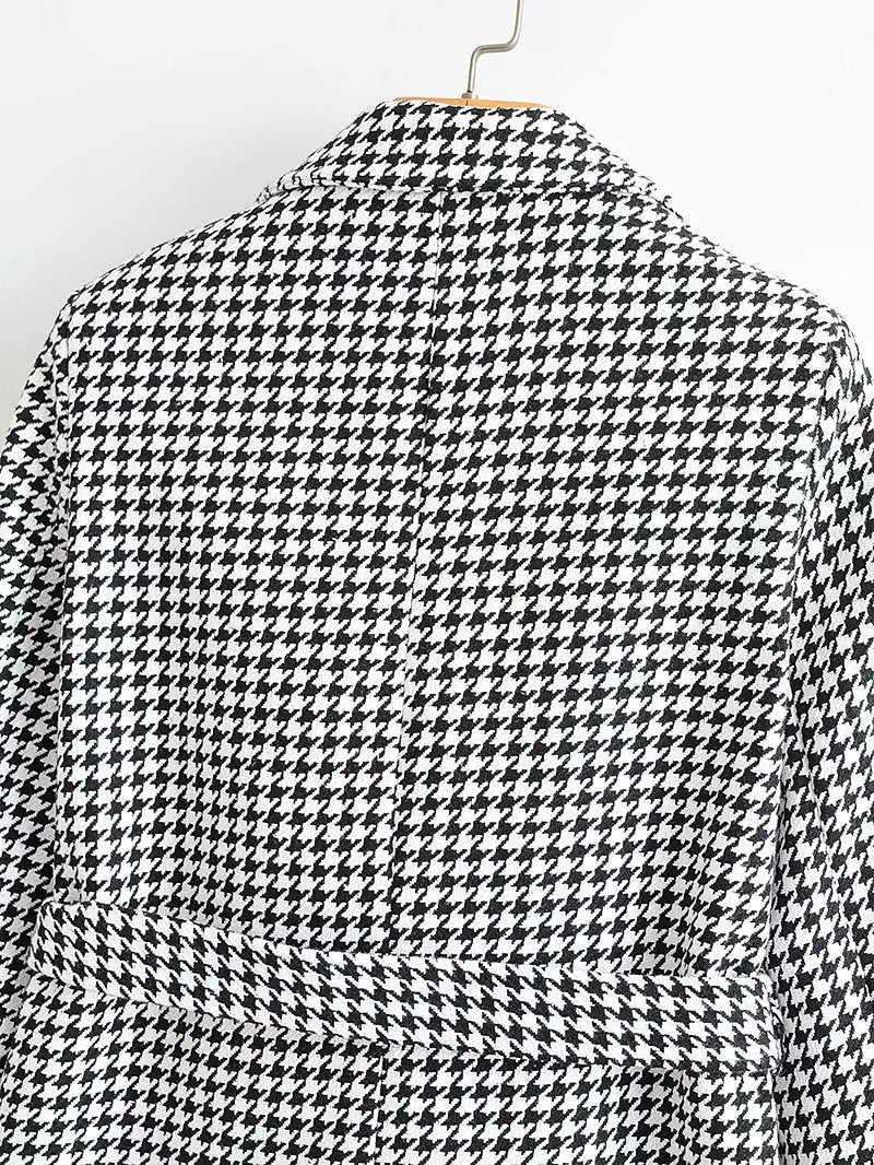 Houndstooth Button Lapel Belt Blazers Splicing Outerwear