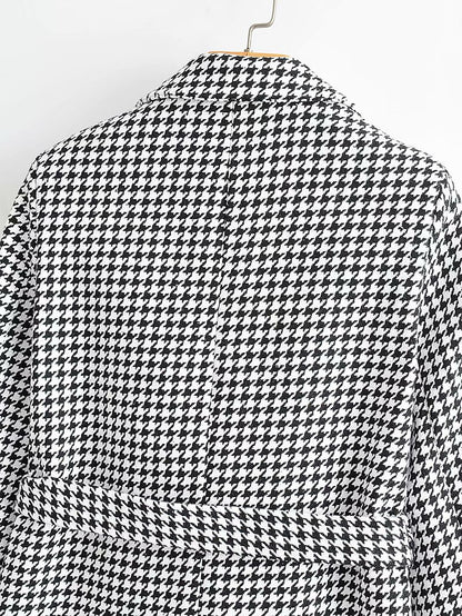 Houndstooth Button Lapel Belt Blazers Splicing Outerwear