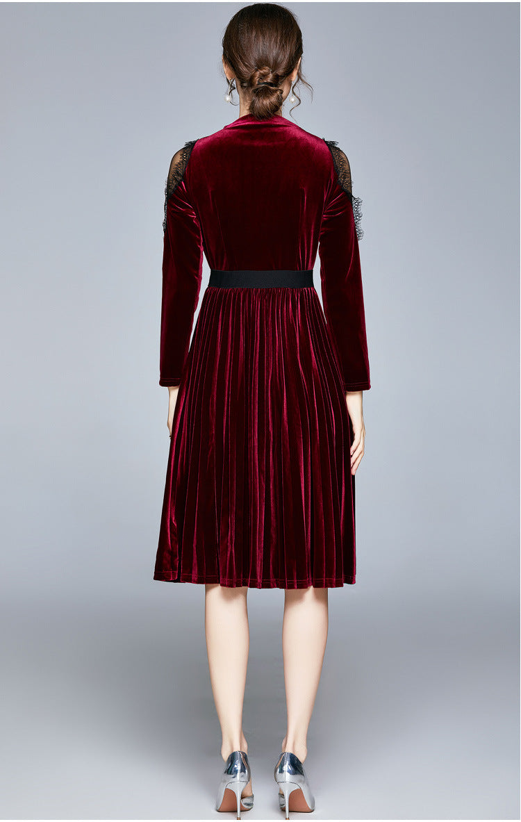 Red Velvet Lace Sleeve Pleated Skirt Midi Dresses