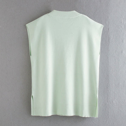 V-neck Slit Knit Splicing Vest Sweater