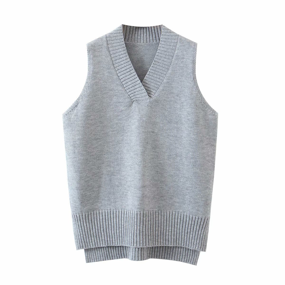 V-neck Irregular Hem Splicing Knit Vest Sweaters