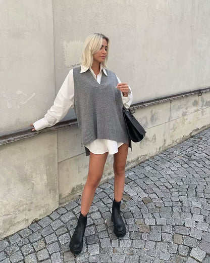 V-neck Irregular Hem Splicing Knit Vest Sweaters