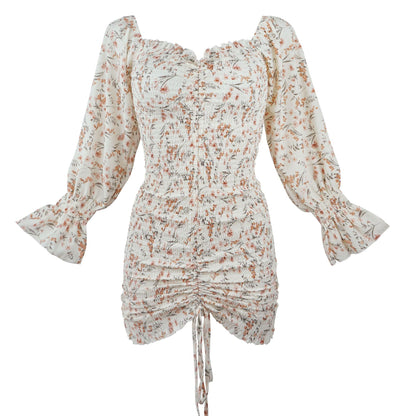 Puff Sleeve Ruffled Irregular Hem Drawstring Bodycon Mini Dresses