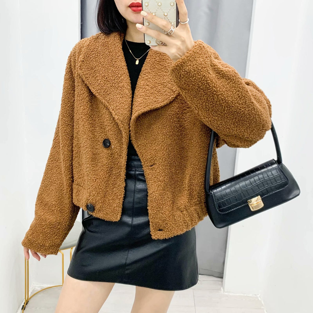 Plush Button Lapel Collar Jacket Coat Outerwear