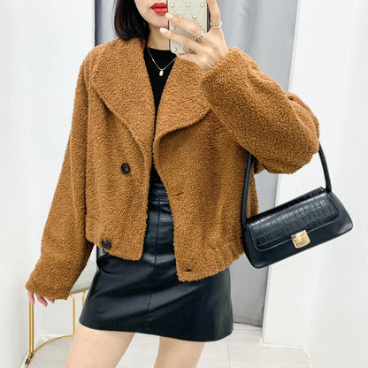 Plush Button Lapel Collar Jacket Coat Outerwear