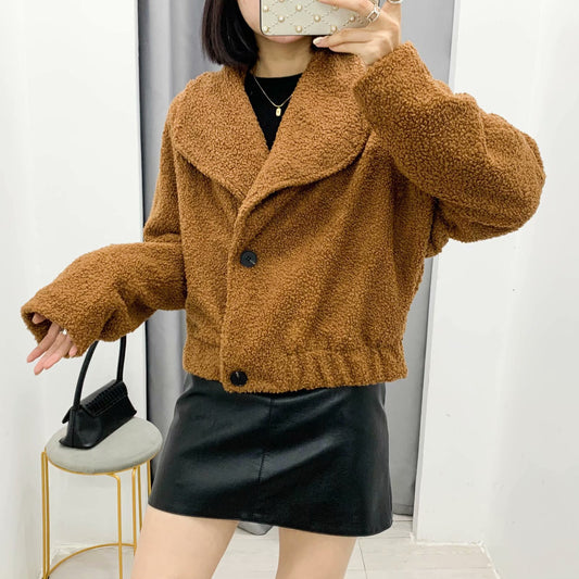 Plush Button Lapel Collar Jacket Coat Outerwear