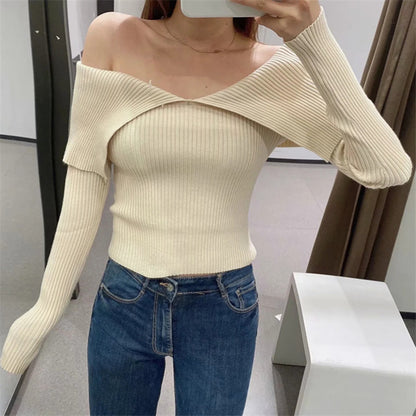 Sexy Pile Collar Off Shoulder Knit Sweater Blouse