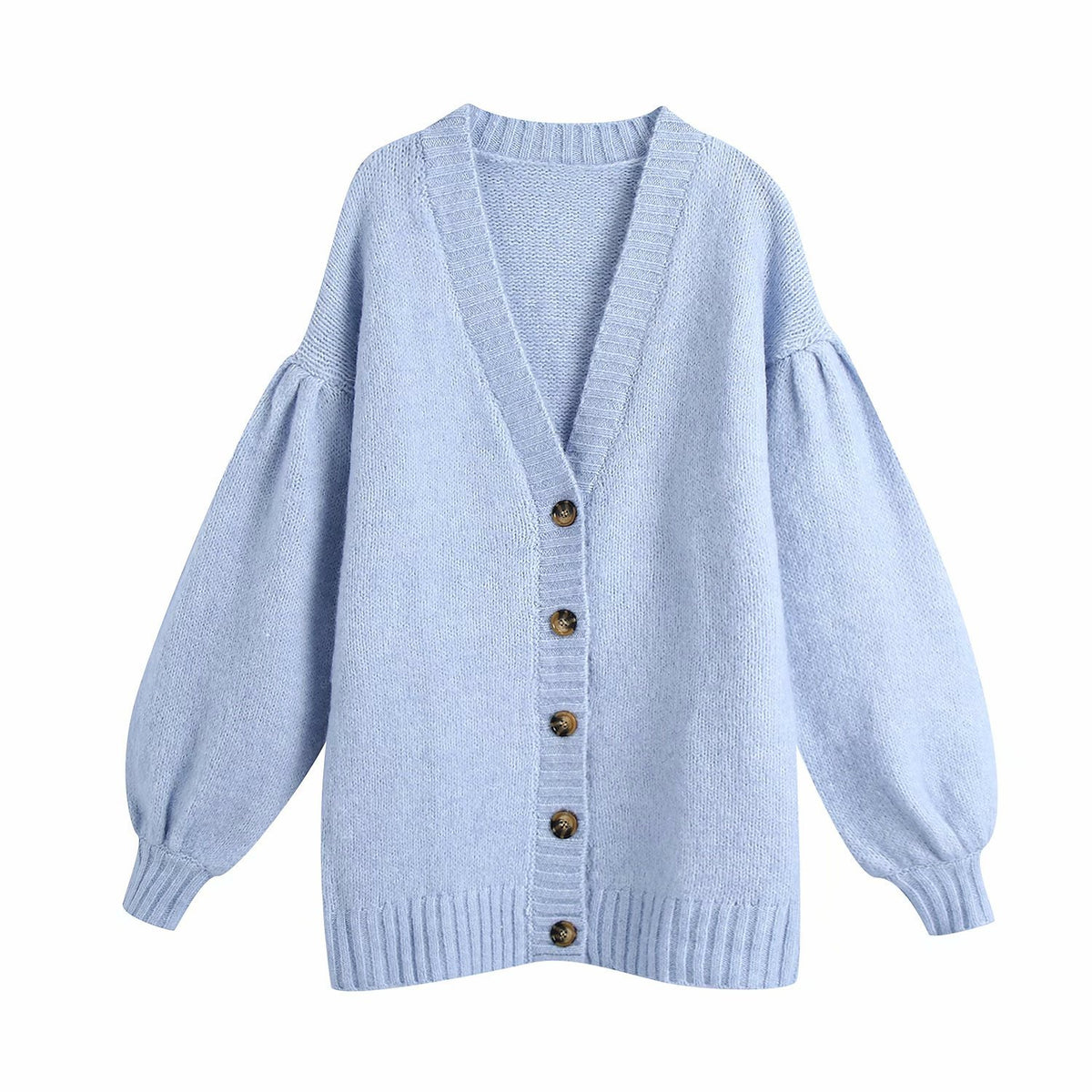 Single-breasted Lantern Sleeve V-neck Knit Cardigan Outerwear