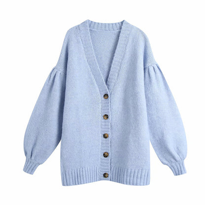 Single-breasted Lantern Sleeve V-neck Knit Cardigan Outerwear