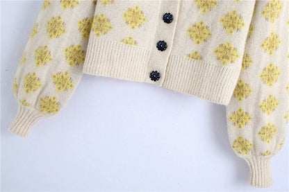 Knit V-neck Single-breasted Argyle Pattern Cardigan