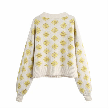 Knit V-neck Single-breasted Argyle Pattern Cardigan