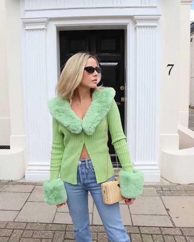 Fur Collar Sleeve Single-breasted Vintage Stripe Cardigan