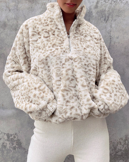 Furry Zipper High Collar Sweatshirts Shirts Blouses