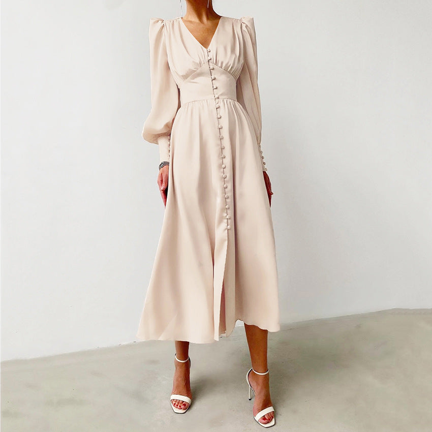 Lantern Bubble Sleeve Satin Midi Dresses Black