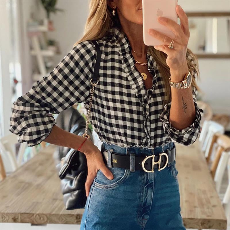 V-neck Ruffled Collar Plaid Blouse Shirts