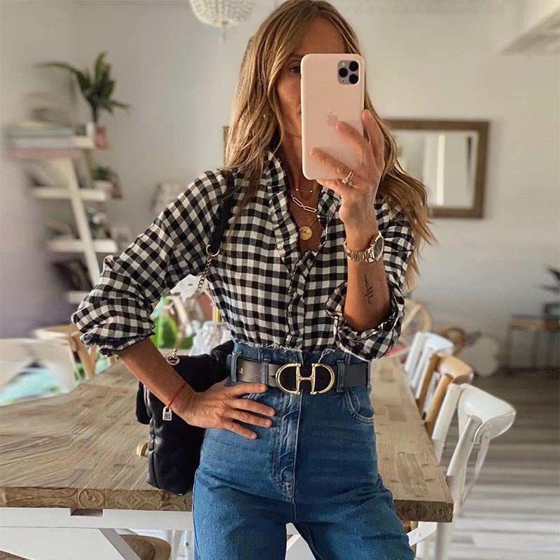 V-neck Ruffled Collar Plaid Blouse Shirts
