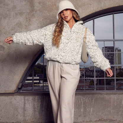Furry Zipper High Collar Sweatshirts Shirts Blouses
