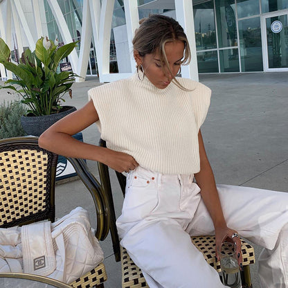 Sleeveless High-collared Shoulder Padded Pads Sweaters