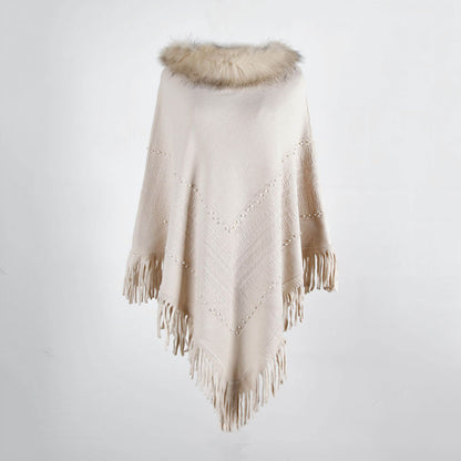 Tassel Fringed Pullover Bead Fur Collar Sweater Cloak Shawl Cape
