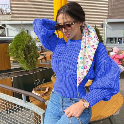 Knit Round Neck Lantern Sleeve Single-breasted Sweaters