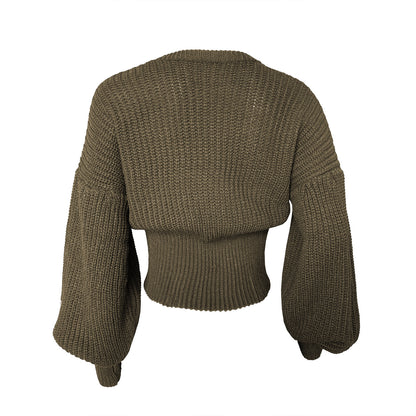 Knit Round Neck Lantern Sleeve Single-breasted Sweaters