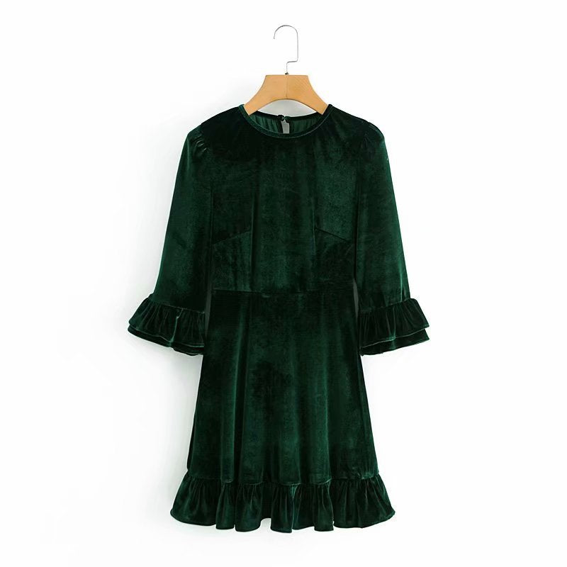 Velvet Flared Sleeve Vintage Splicing Mini Dresses