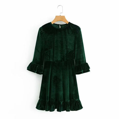 Velvet Flared Sleeve Vintage Splicing Mini Dresses