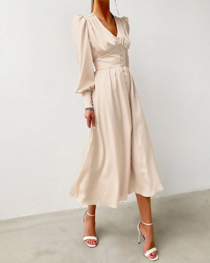 Lantern Bubble Sleeve Satin Midi Dresses Burgundy