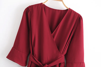 Vintage V-neck 3/4 Sleeve Ruffle Hem Tie-Waist Mini Dresses