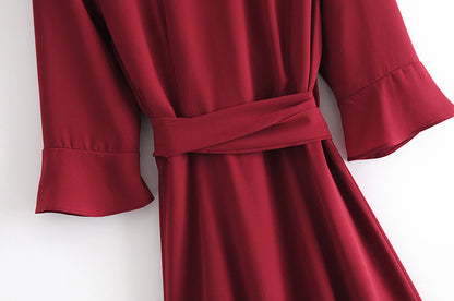 Vintage V-neck 3/4 Sleeve Ruffle Hem Tie-Waist Mini Dresses