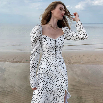 Puff Sleeve Square Collar Floral Vintage Midi Dresses