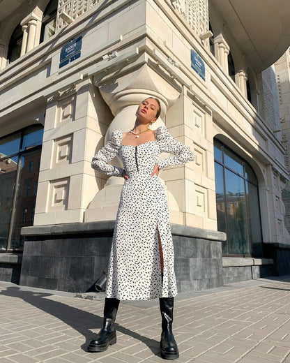 Puff Sleeve Square Collar Floral Vintage Midi Dresses