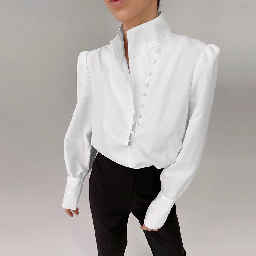 Single-breasted Round Neck Puff Sleeve Mandarin Collar Shirts