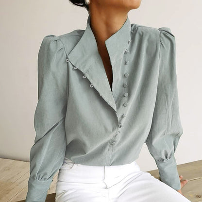 Single-breasted Round Neck Puff Sleeve Mandarin Collar Shirts