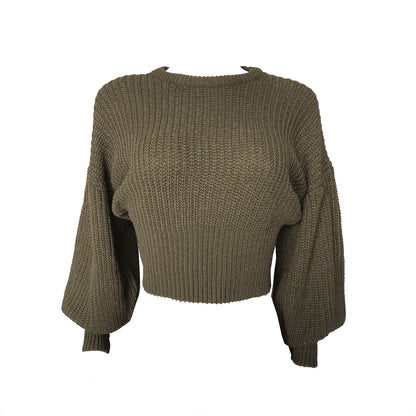 Knit Round Neck Lantern Sleeve Single-breasted Sweaters