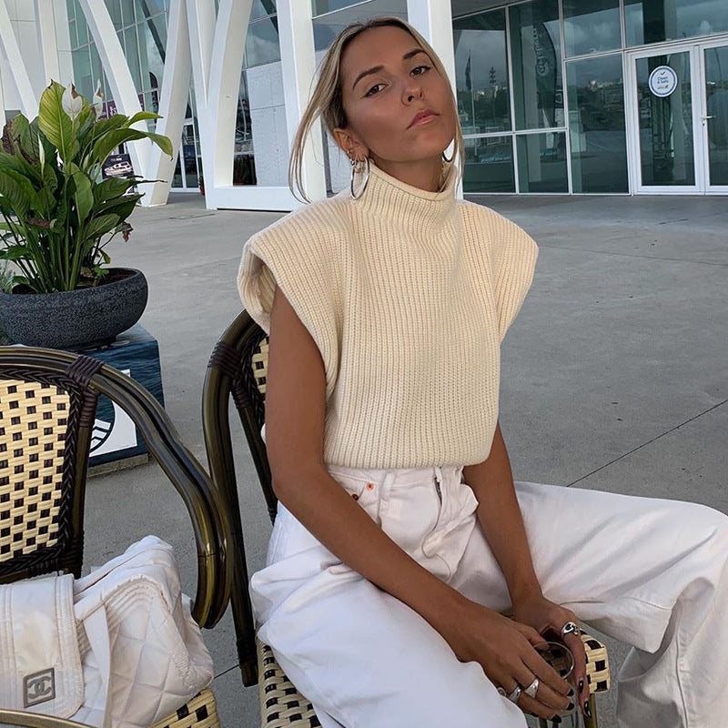 Sleeveless High-collared Shoulder Padded Pads Sweaters