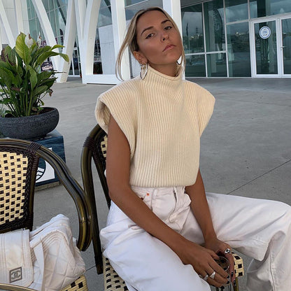 Sleeveless High-collared Shoulder Padded Pads Sweaters