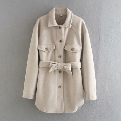 Lace-up Pile Collar Single-breasted Pocket Outerwear