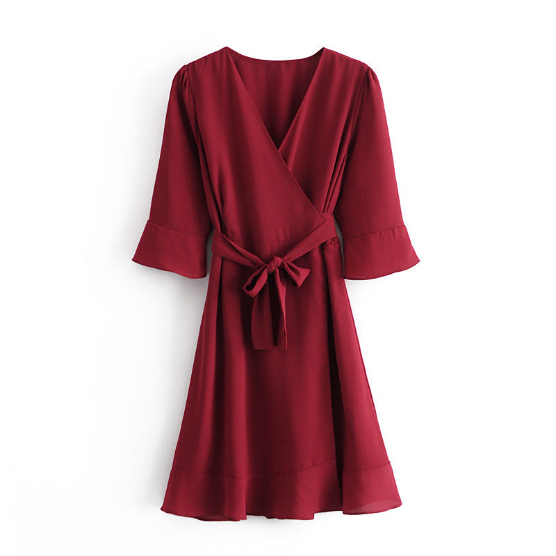 Vintage V-neck 3/4 Sleeve Ruffle Hem Tie-Waist Mini Dresses