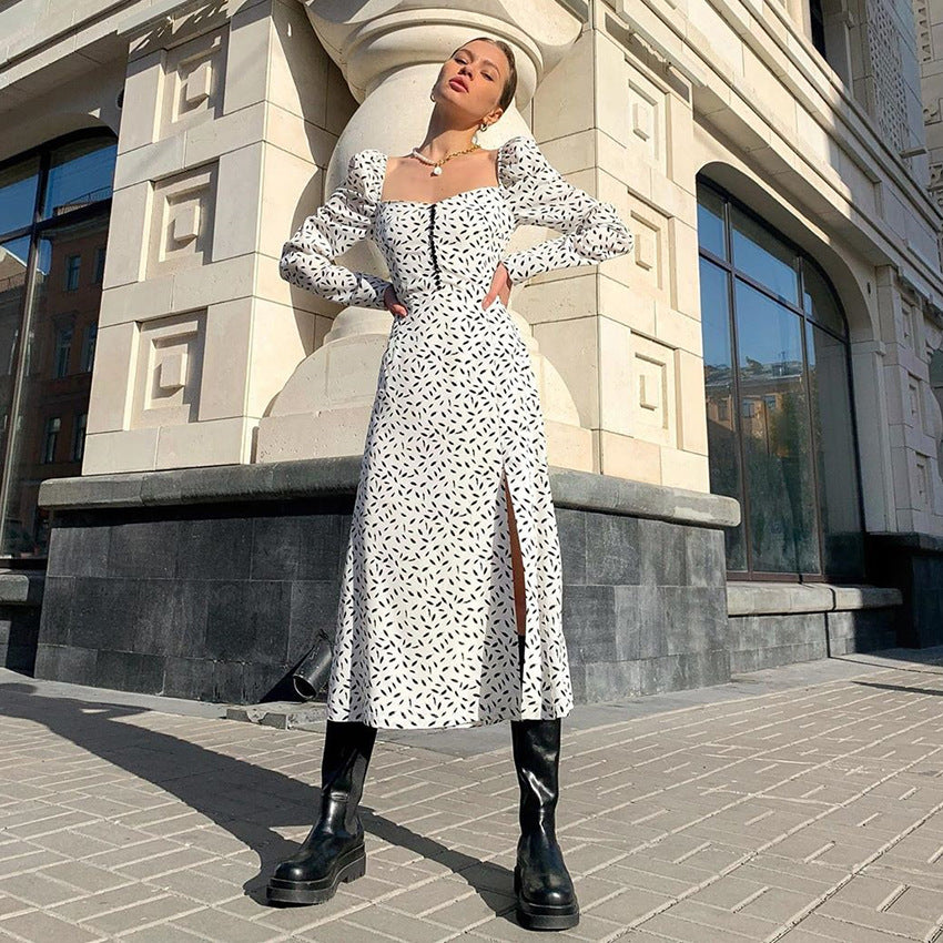 Puff Sleeve Square Collar Floral Vintage Midi Dresses