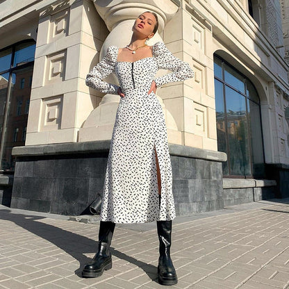 Puff Sleeve Square Collar Floral Vintage Midi Dresses