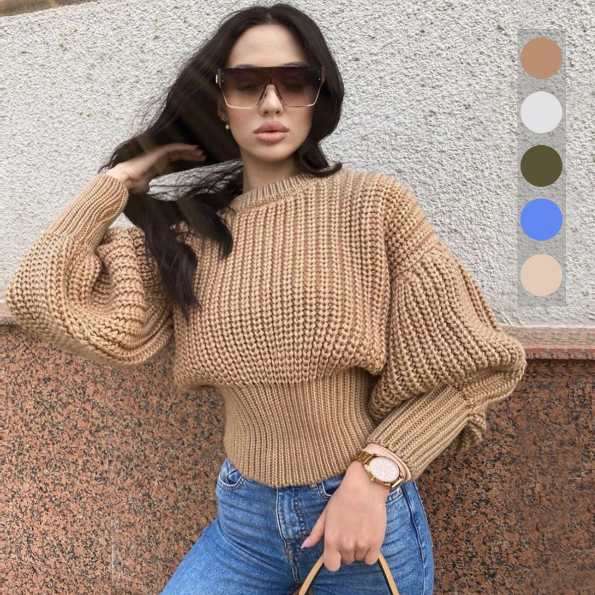 Knit Round Neck Lantern Sleeve Single-breasted Sweaters