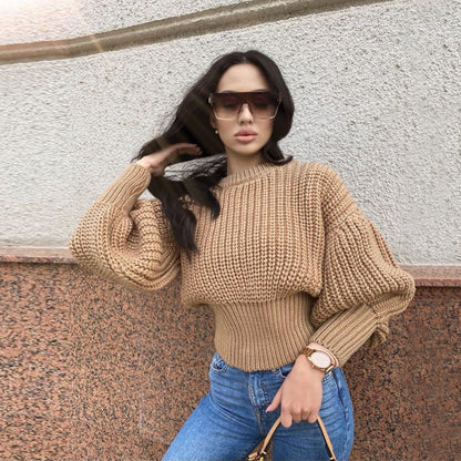 Knit Round Neck Lantern Sleeve Single-breasted Sweaters