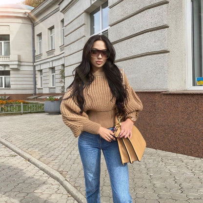 Knit Round Neck Lantern Sleeve Single-breasted Sweaters
