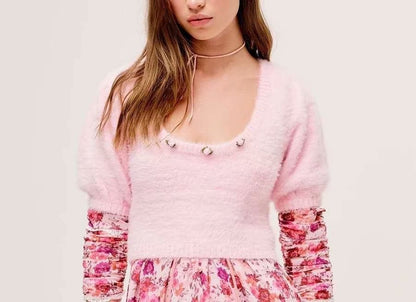Knit Puff Sleeve Flower Decoration Sweaters
