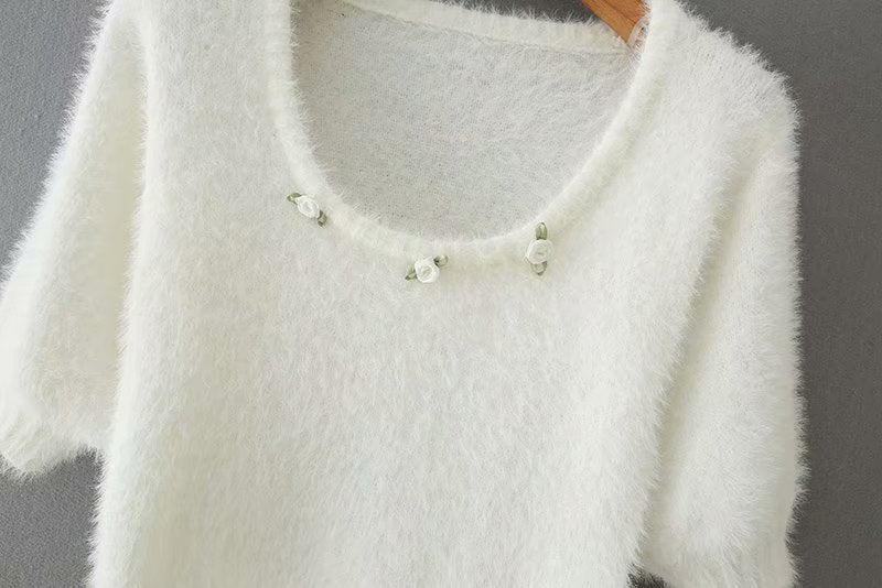 Knit Puff Sleeve Flower Decoration Sweaters